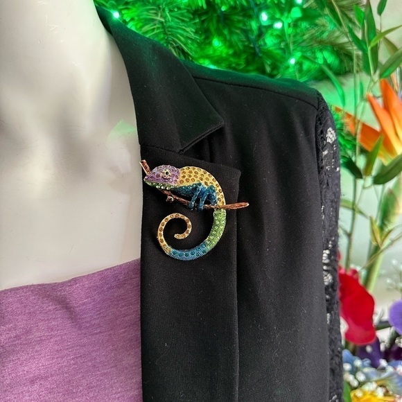 Brand NEW GOLD BACKED COLOR BLOCK RHINESTONES CHAMELEON BROOCH PENDANT - Picture 2 of 5